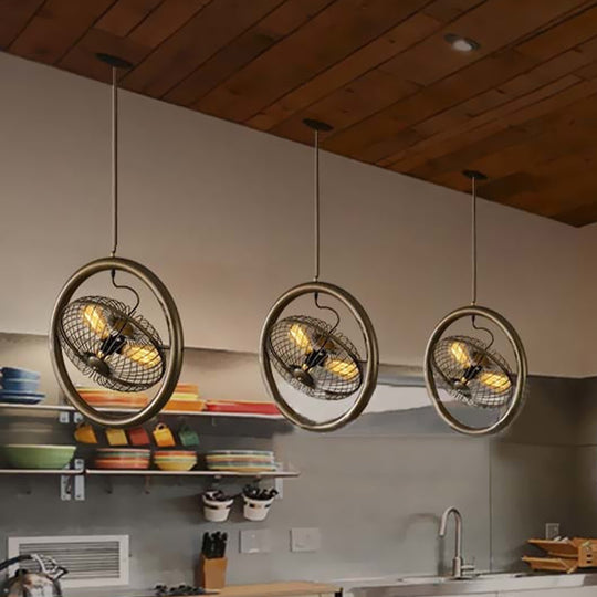 Farmhouse Kitchen Hanging Lamp With Brass/Black Finish - Circle Cage Metal Fixture 3 Lights & Fan