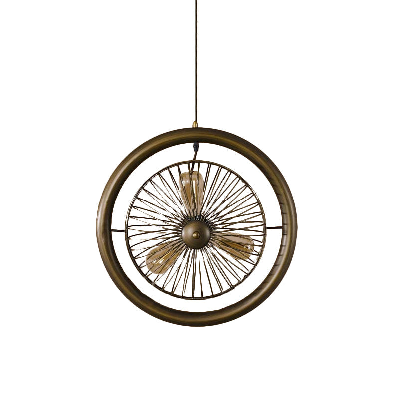 Farmhouse Kitchen Hanging Lamp With Brass/Black Finish - Circle Cage Metal Fixture 3 Lights & Fan
