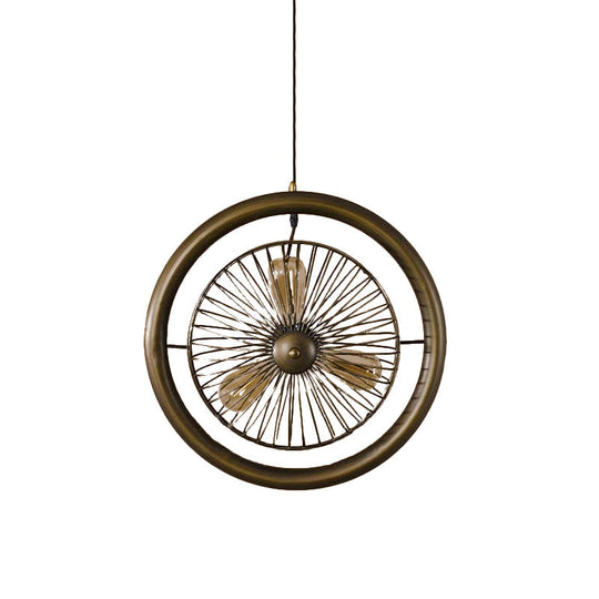 Farmhouse Kitchen Hanging Lamp With Brass/Black Finish - Circle Cage Metal Fixture 3 Lights & Fan