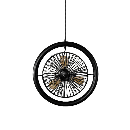 Farmhouse Kitchen Hanging Lamp With Brass/Black Finish - Circle Cage Metal Fixture 3 Lights & Fan