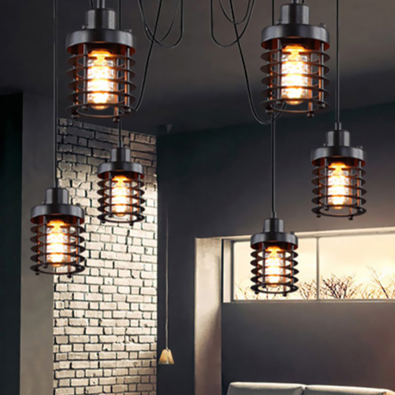 Farmhouse Style 6-Light Iron Ceiling Lighting Fixture With Black Cylinder Cage Shade For Bedroom
