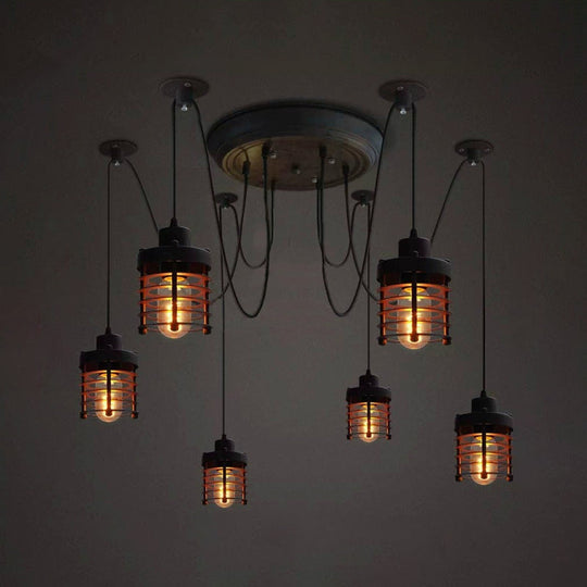 Farmhouse Style 6-Light Black Iron Ceiling Fixture With Cylinder Cage Shade And Spider Design