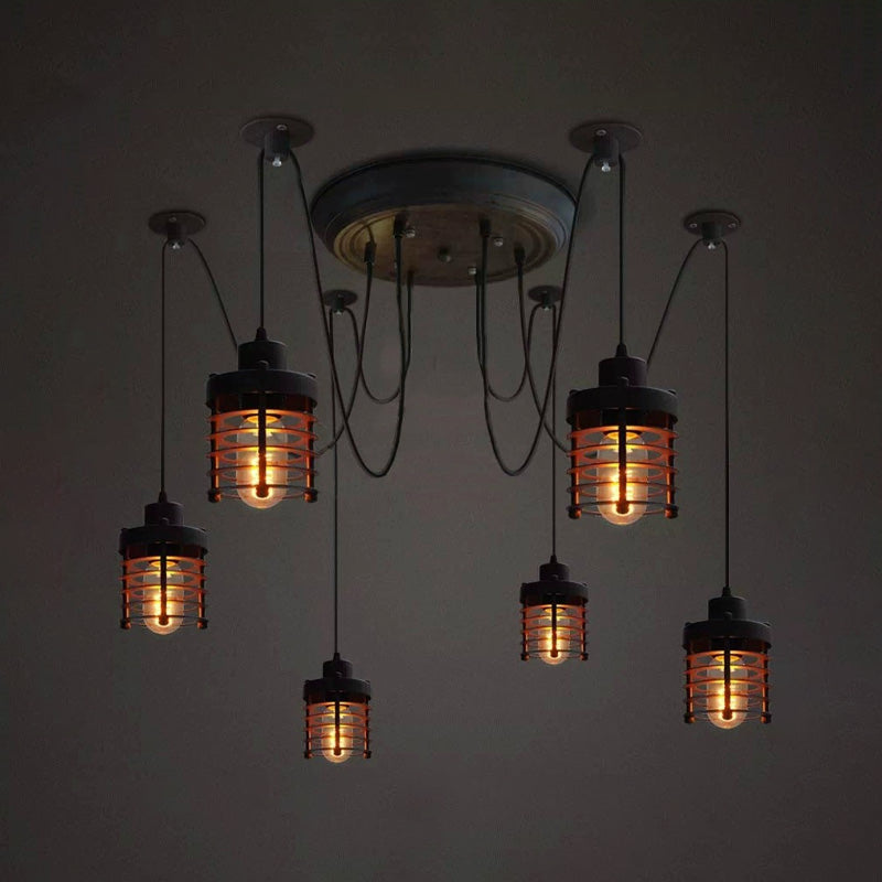 Farmhouse Style 6-Light Black Iron Ceiling Fixture With Cylinder Cage Shade And Spider Design