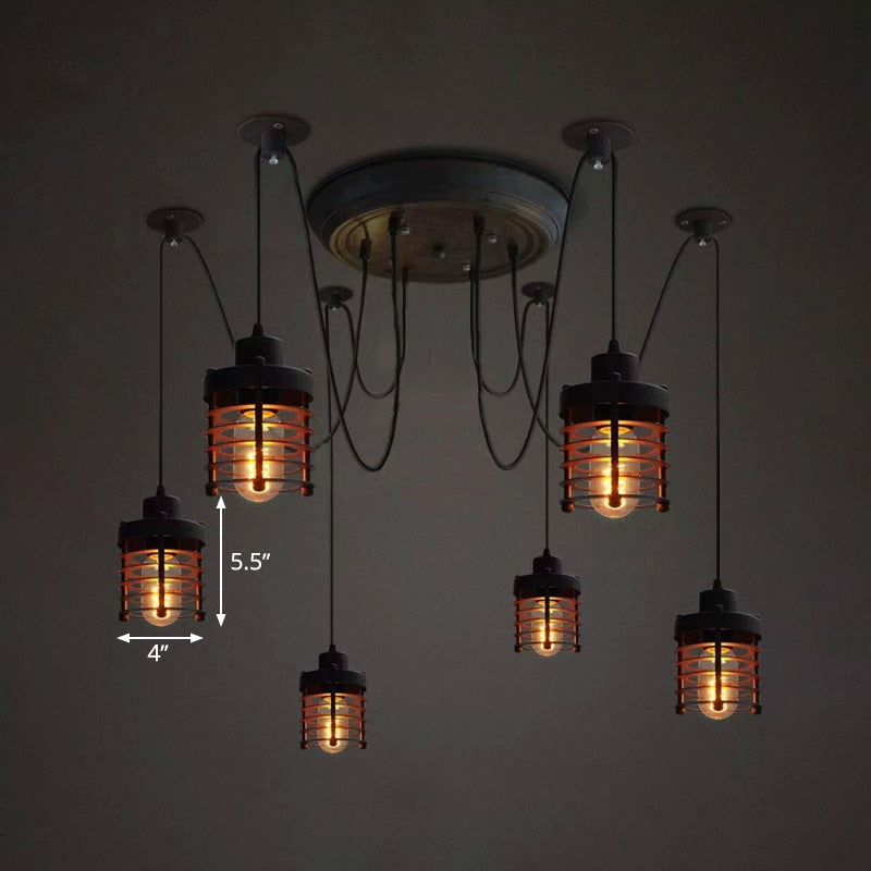 Farmhouse Style 6-Light Black Iron Ceiling Fixture With Cylinder Cage Shade And Spider Design