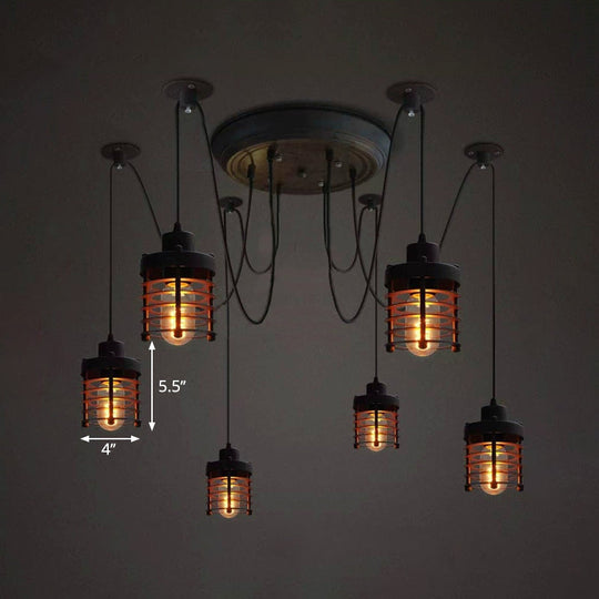 Farmhouse Style 6-Light Black Iron Ceiling Fixture With Cylinder Cage Shade And Spider Design