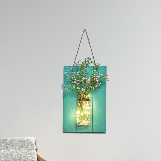 Blue Wood Backplate Modern Glass Jar Wall Light With Floral String - Ideal For Cafe Restaurant
