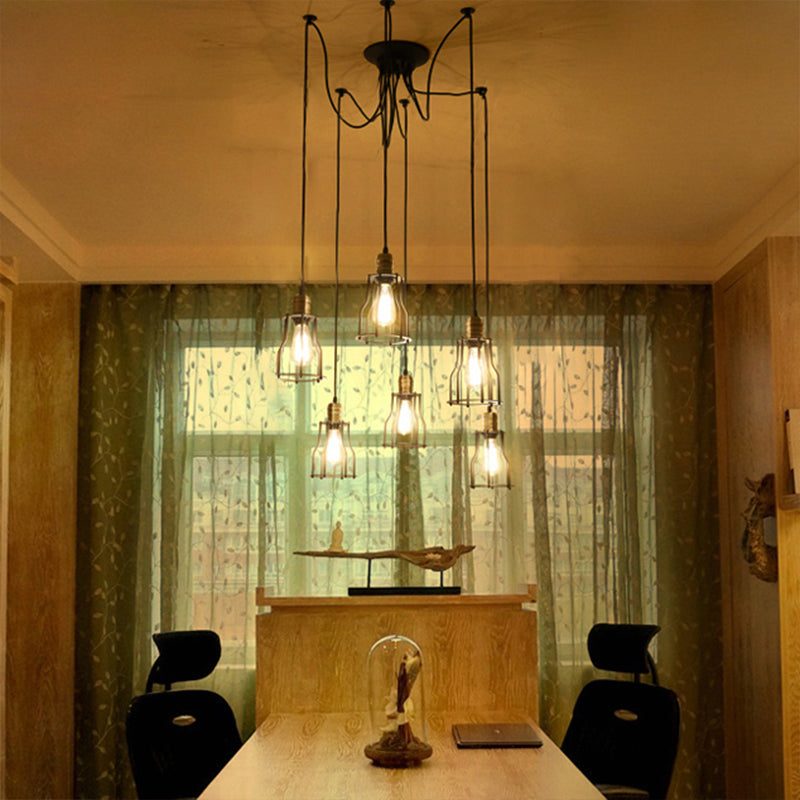 Vintage Metal Swag Pendant Lamp With Wire Guard - 6/10 Bulbs Stylish Black Ceiling Fixture For