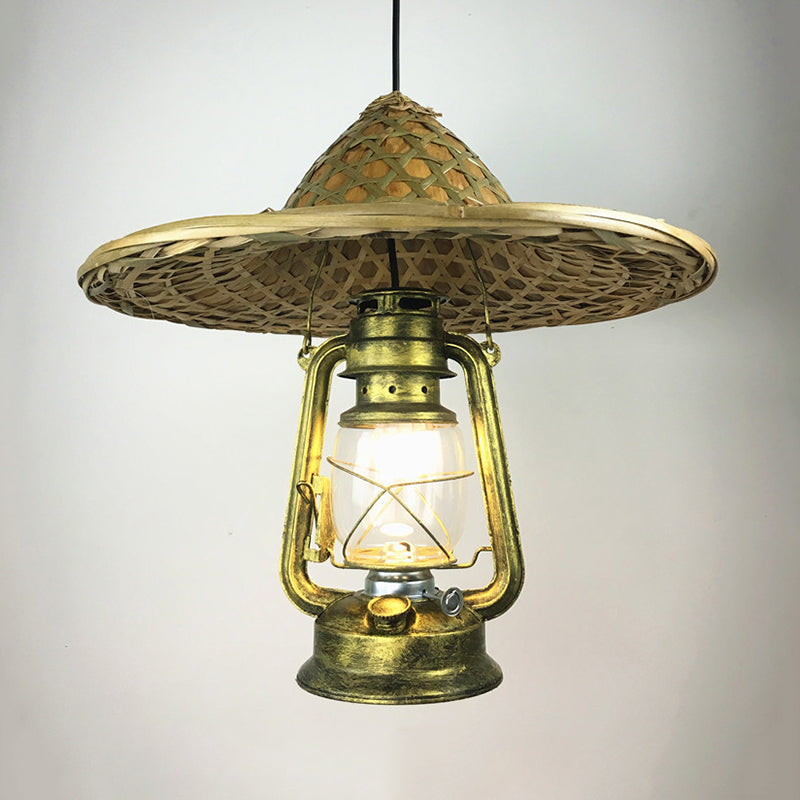 Lodge Style Rattan Hat Pendant Light With Metal Lantern Shade - Brass 12/18 W