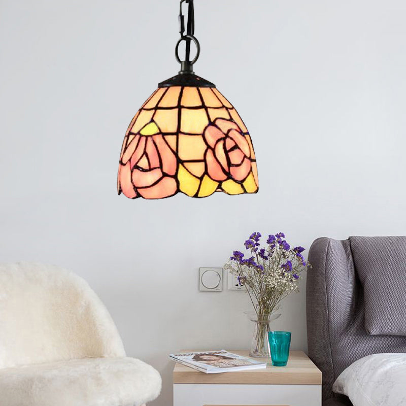 Handcrafted Tiffany Art Glass Ceiling Light - Pink-White/Green Design With Adjustable Chain