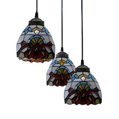 Victorian Stained Glass Hanging Pendant With Domed Design - White 3 Lights Ideal For Dining Room