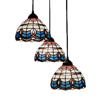Victorian Tiffany Stained Glass Pendant Light With 3-Bulb Suspension - Blue For Living Room