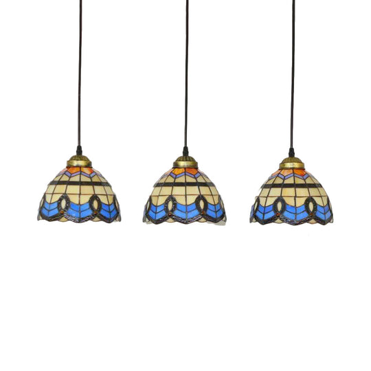 Victorian Tiffany Stained Glass Pendant Light With 3-Bulb Suspension - Blue For Living Room