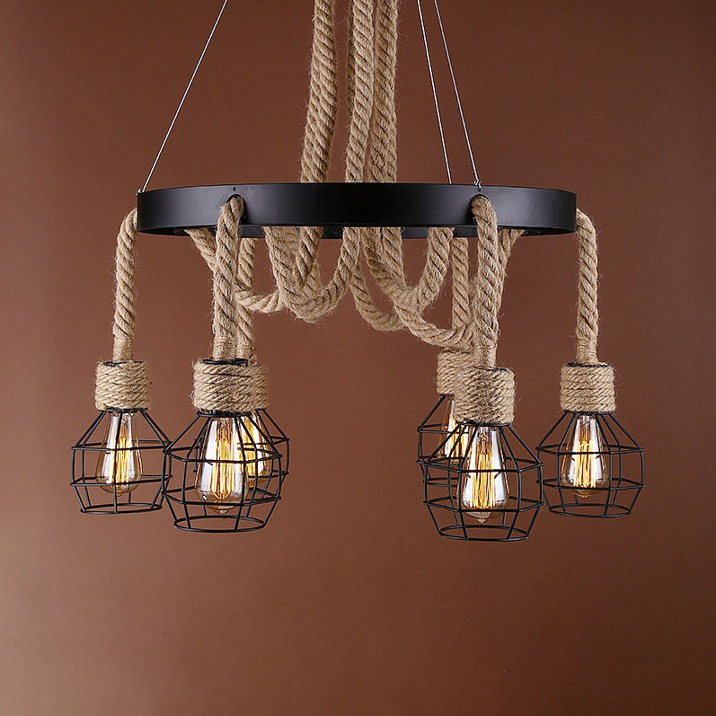 Dome Cage Retro Style Ceiling Pendant Light - 4/6 Bulbs Brown Rope And Metal Chandelier For Hallway