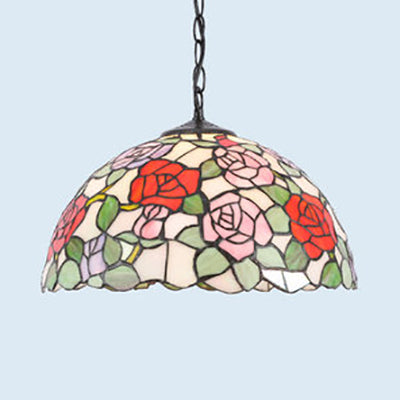 Stained Glass Rustic Tiffany Pendant Light: Multi Color Flower Hanging Light In Black Finish / B