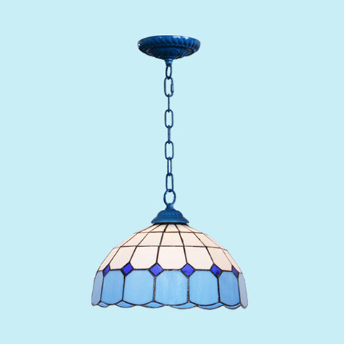 Mediterranean Dome Stained Art Glass Pendant Light In White/Blue/Bronze Blue