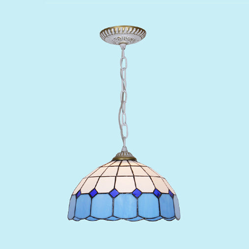 Mediterranean Dome Stained Art Glass Pendant Light In White/Blue/Bronze White
