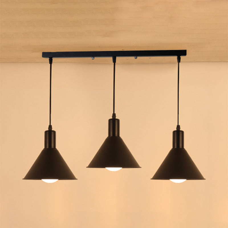 Industrial Metallic Funnel Dining Room Ceiling Light - 3-Light Black Pendant With Linear/Round