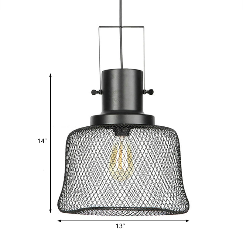 Industrial Mesh Cage Pendant Light - Black Metal Single Lamp For Living Room Hanging With Shade