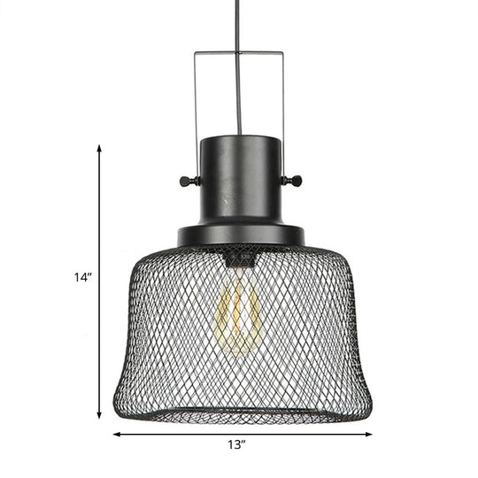 Industrial Mesh Cage Pendant Light - Black Metal Single Lamp For Living Room Hanging With Shade