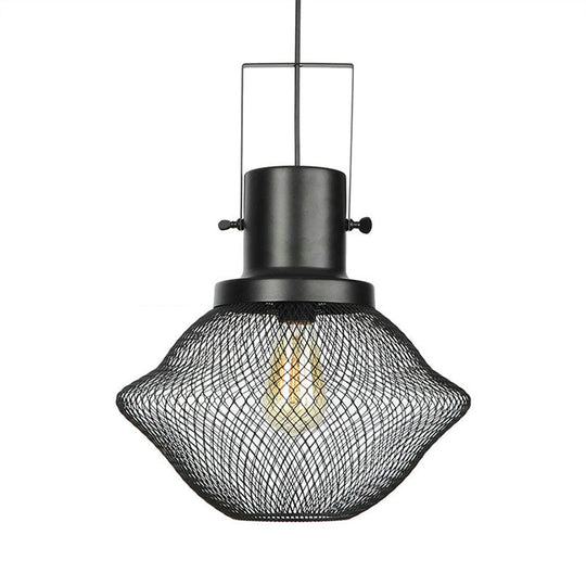 Industrial Mesh Cage Pendant Light - Black Metal Single Lamp For Living Room Hanging With Shade