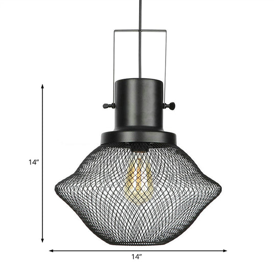Industrial Metal Pendant Light - Mesh Cage 1-Light Black Shade Living Room Hanging Lamp
