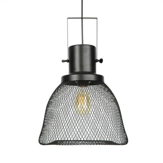 Industrial Mesh Cage Pendant Light - Black Metal Single Lamp For Living Room Hanging With Shade