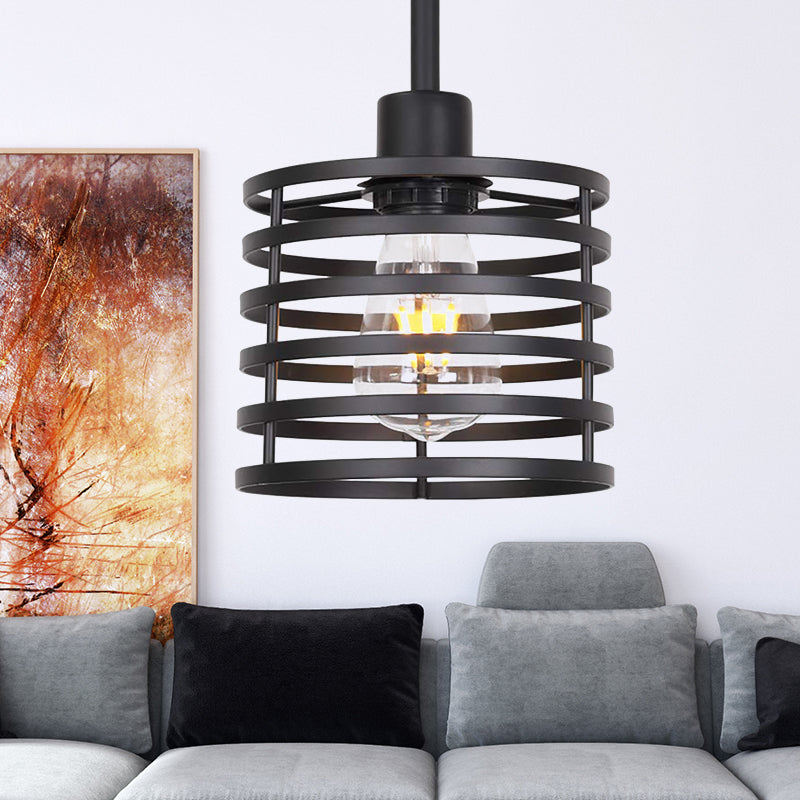 Vintage Wire Cage Pendant Light With Cylindrical Shade - Single Bulb Metallic Finish (Black/Brass)