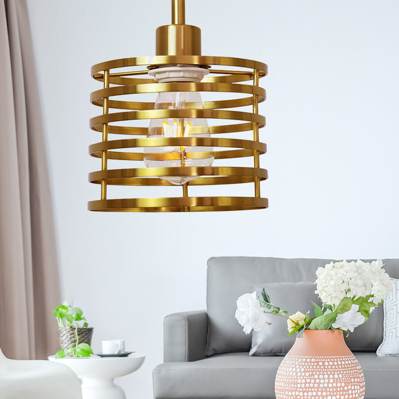 Vintage Wire Cage Pendant Light With Cylindrical Shade - Single Bulb Metallic Finish (Black/Brass)