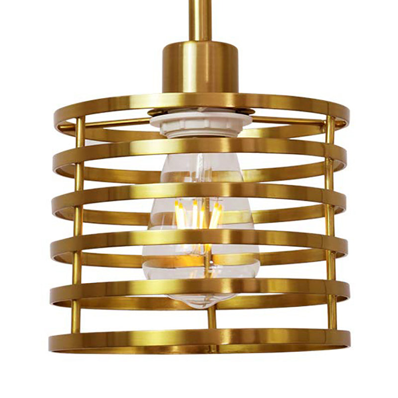 Vintage Wire Cage Hanging Lamp: Metallic Pendant Light With Cylindrical Black/Brass Shade