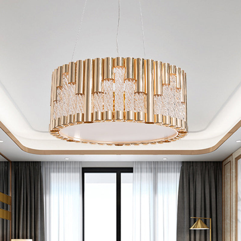 Modern Gold Drum Pendant Chandelier With Clear Glass Tube - 3 Lights Living Room Suspension Lamp