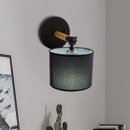 Modern Wood Armed Sconce Wall Lamp With Black Drum Shade - 1 Light Bedside Lighting
