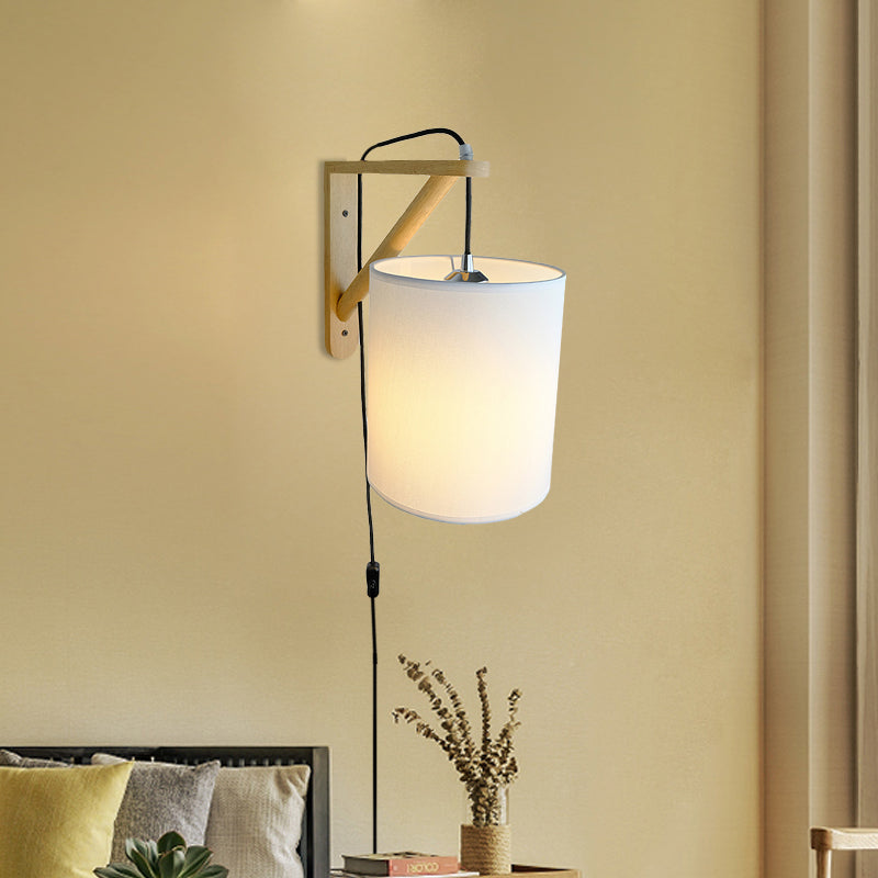 Japanese Style Cylindrical Fabric Wall Sconce With 1-Bulb And Wood Mount