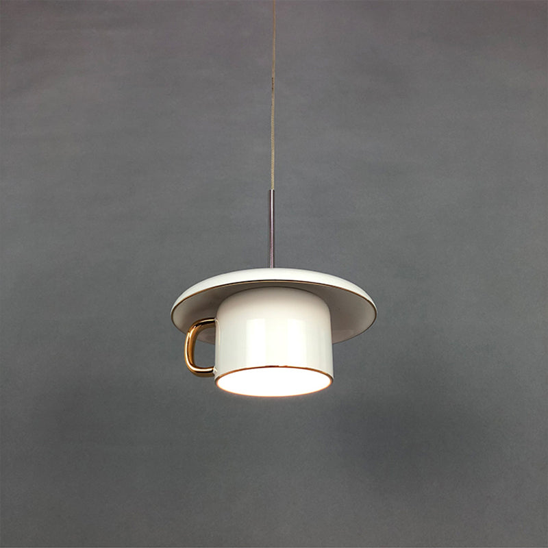 Macaron Ceramic Led Pendant Lamp - Coffee-Cup Shape Down Lighting 1 Bulb White/Pink/Grey Designs For