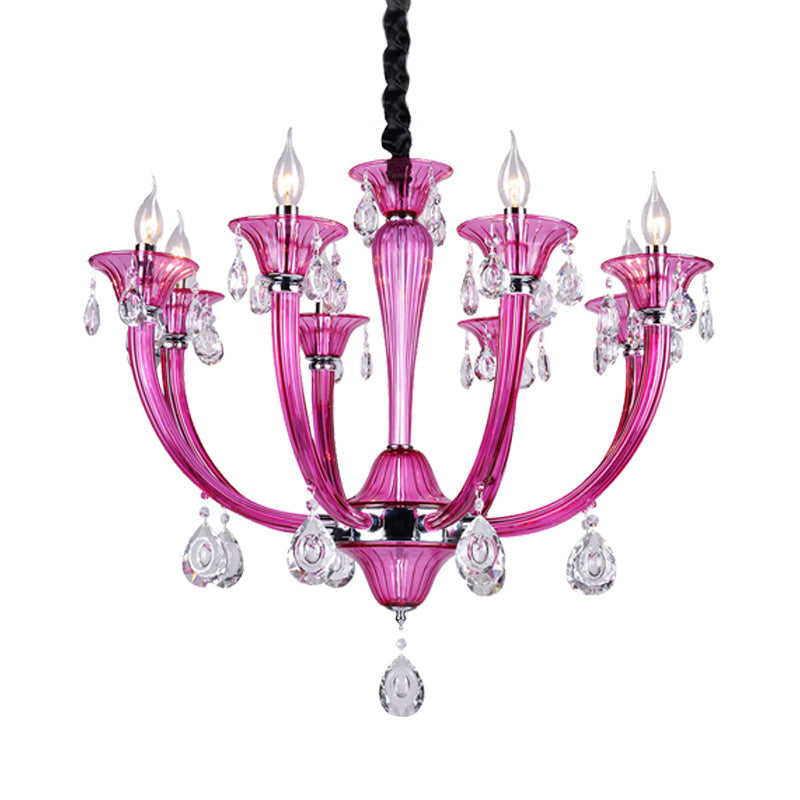 Modern Rose Red Glass Chandelier With Crystal Draping - 8-Light Chrome Pendant For Living Room