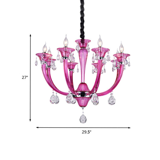 Modern Rose Red Glass Chandelier With Crystal Draping - 8-Light Chrome Pendant For Living Room