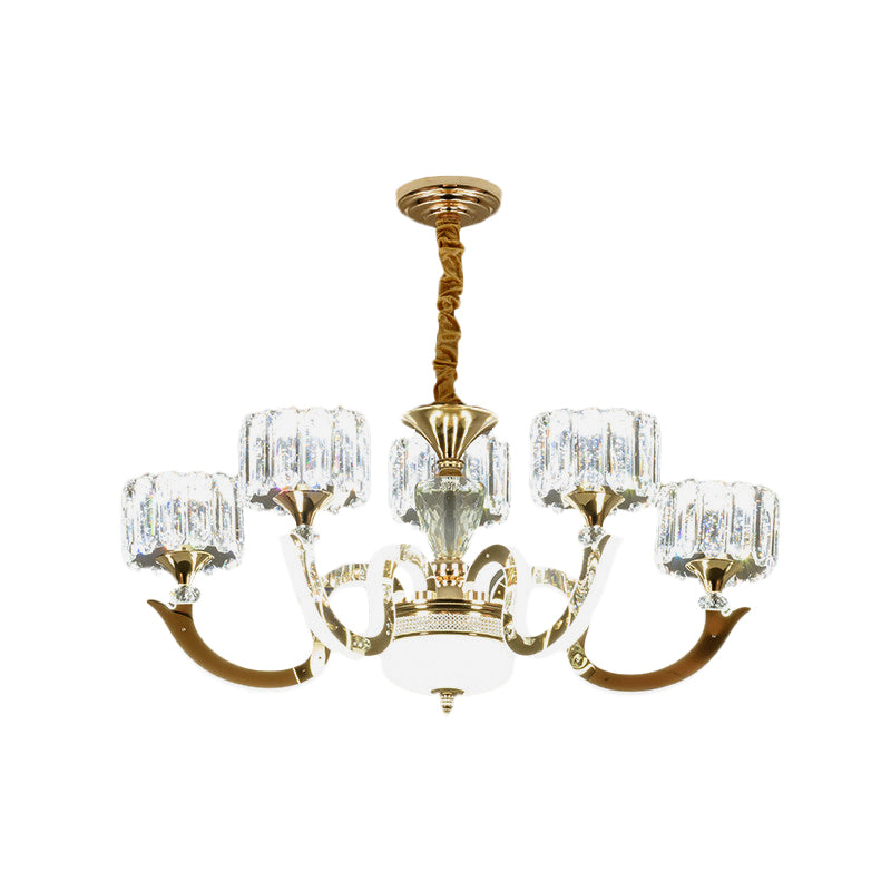 Modern Gold Drum Chandelier With Crystal Blocks - 3/5 Lights Led For Living Room