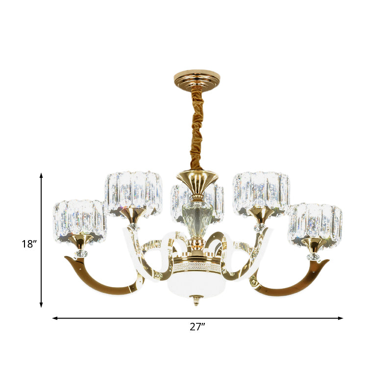 Modern Gold Drum Chandelier With Crystal Blocks - 3/5 Lights Led For Living Room