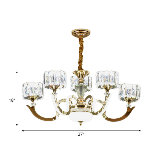Modern Gold Drum Chandelier With Crystal Blocks - 3/5 Lights Led For Living Room
