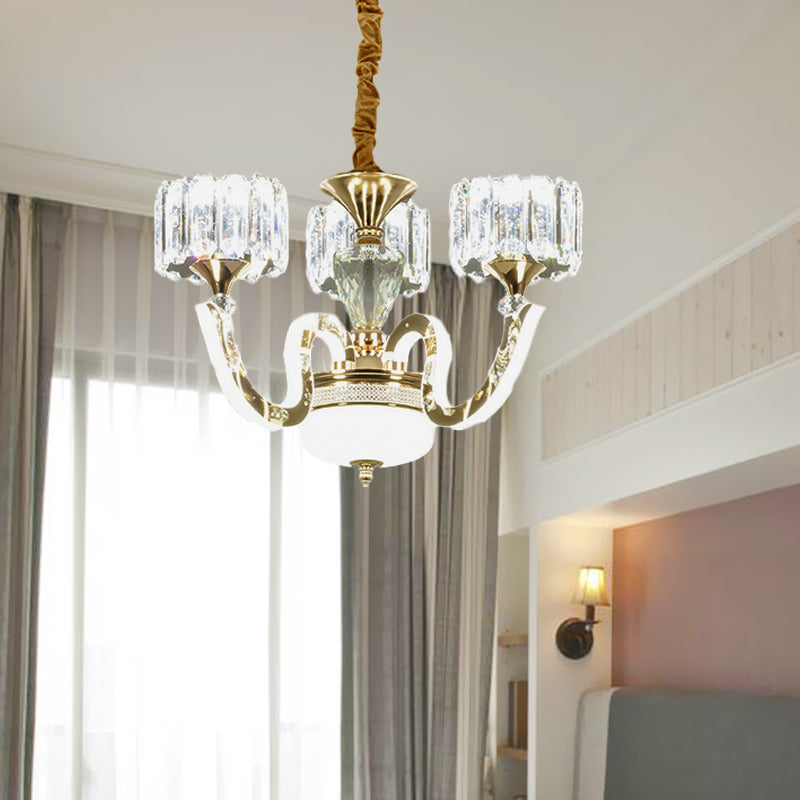 Modern Gold Drum Chandelier With Crystal Blocks - 3/5 Lights Led For Living Room