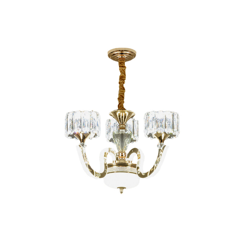 Modern Gold Drum Chandelier With Crystal Blocks - 3/5 Lights Led For Living Room
