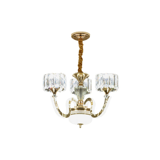Modern Gold Drum Chandelier With Crystal Blocks - 3/5 Lights Led For Living Room