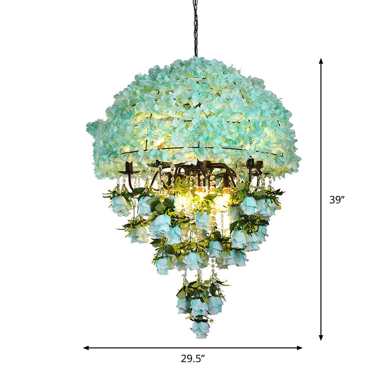 Iron Ceiling Chandelier - Industrial Blue Bowl Wire Cage Crystal Decor Floral Suspension Light 10