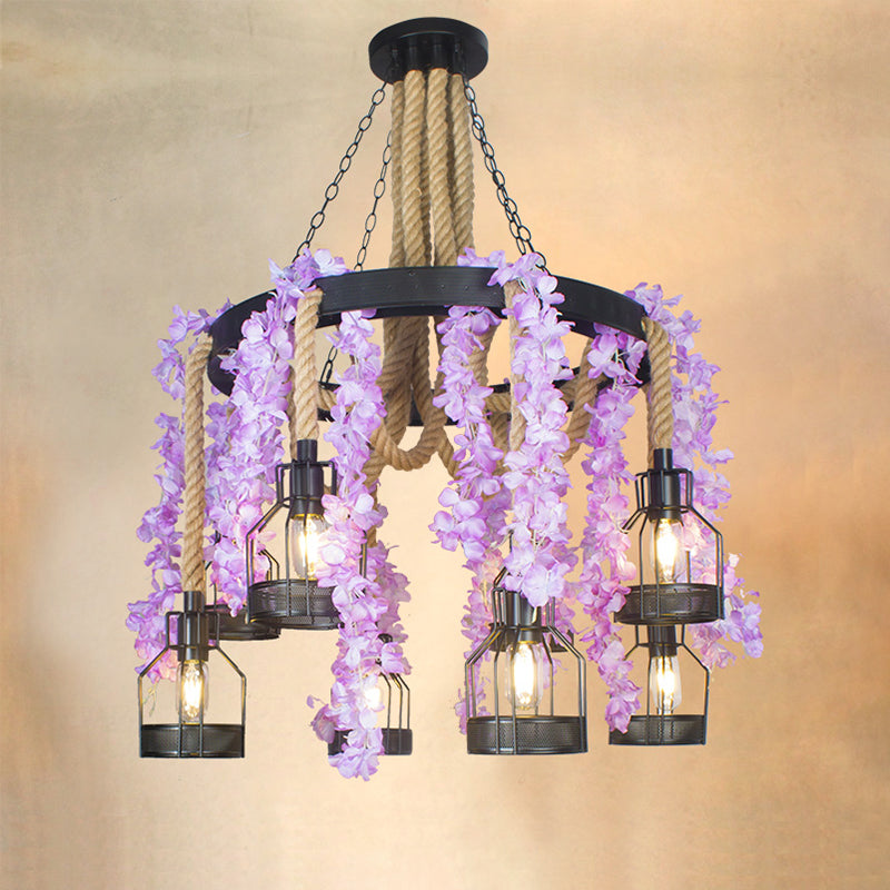 Vintage Hemp Rope Flower Chandelier With Metal Cage And 8 Heads