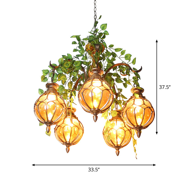 Antique Amber Glass Chandelier With Brass Finish - Perfect For Dining Room Lighting (5/9 Lights)