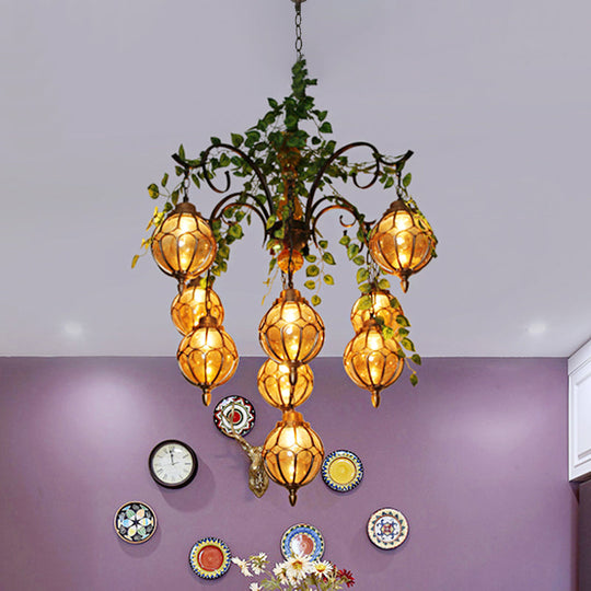 Antique Amber Glass Chandelier With Brass Finish - Perfect For Dining Room Lighting (5/9 Lights)