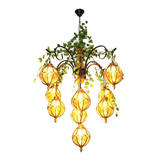 Antique Amber Glass Chandelier With Brass Finish - Perfect For Dining Room Lighting (5/9 Lights)