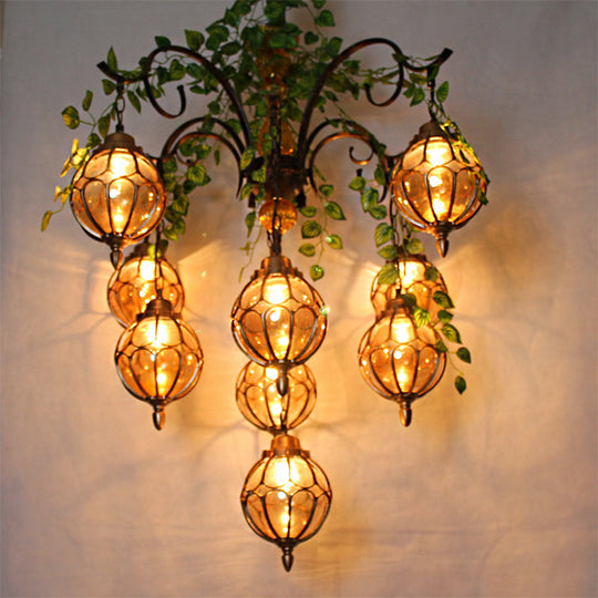 Antique Amber Glass Chandelier With Brass Finish - Perfect For Dining Room Lighting (5/9 Lights)