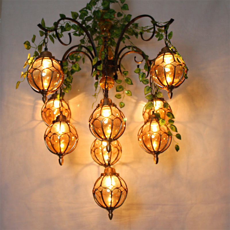 Antique Amber Glass Chandelier With Brass Finish - Perfect For Dining Room Lighting (5/9 Lights)