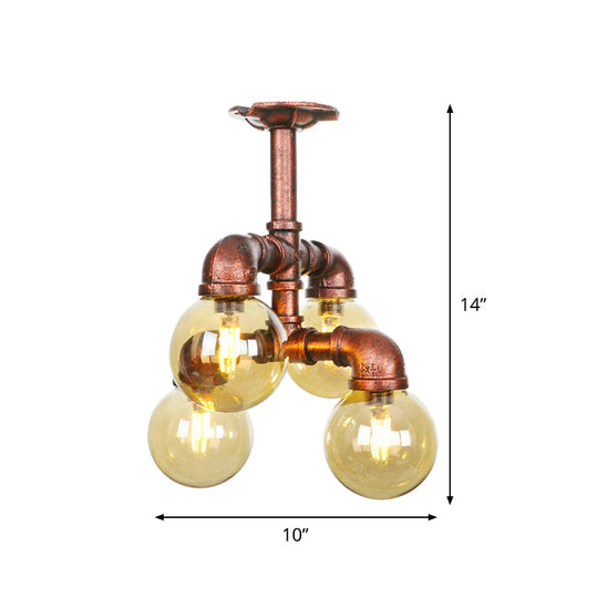 Copper Semi-Mount Led Flush Lamp In Amber Glass - Farmhouse Global Design