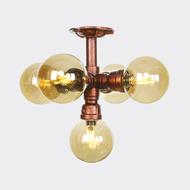 Copper Semi-Mount Led Flush Lamp In Amber Glass - Farmhouse Global Design